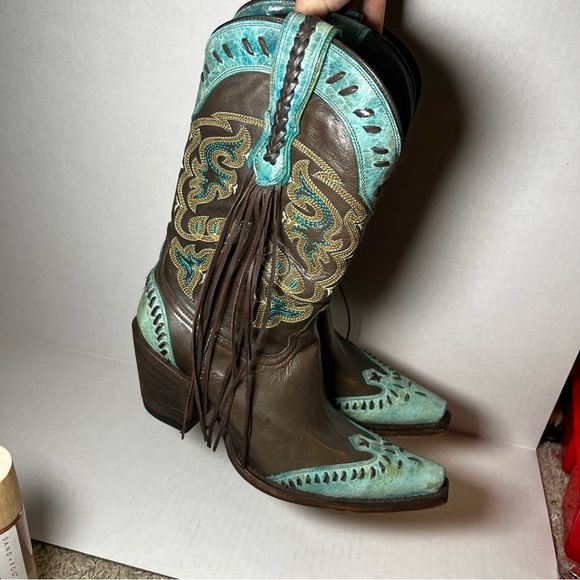 Lucchese Women’s Cowboy Boots 7 B Choc Calf Turquoise Crater Wingtip Fringe - Picture 6 of 6